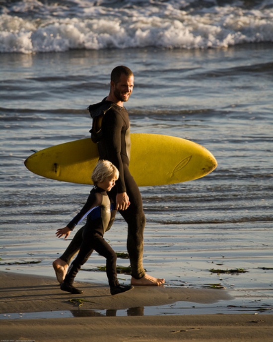 Father taking son surfing